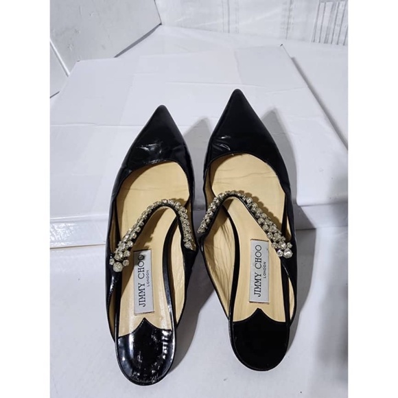 Authentic Jimmy Choo Patent Leather Flat Mules With Crystal Strap Black Size 39 - Picture 4 of 15